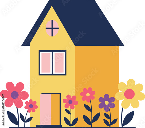 Charming yellow house with colorful flowers and blue roof exterior view minimalist design isolated on transparent background
