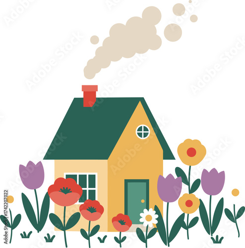 Cozy cottage scene with blooming flowers and gentle smoke from chimney peaceful home ambiance isolated on transparent background