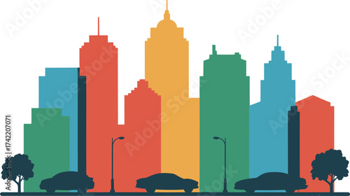 Colorful abstract cityscape with trees and cars in silhouette style