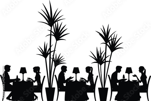Silhouette of people dining at tables with plants and lamps décor editable stock