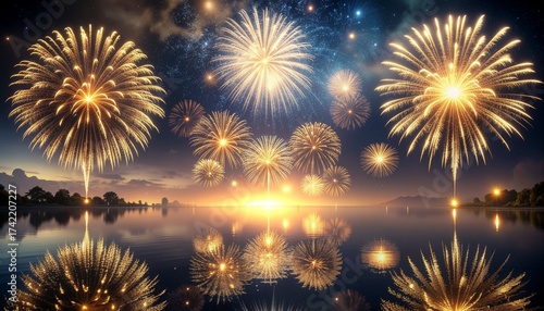 Abstract Repeating Gold Firework Bursts Over Water Reflection on Dark Night Sky
