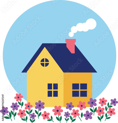 Charming yellow house with flowers and smoke from chimney under blue sky isolated on transparent background