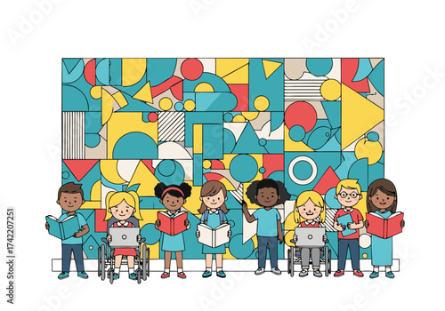 Vector Illustration of Multicultural Children with Geometric Abstract Background — Concept of Education Diversity and Global Friendship