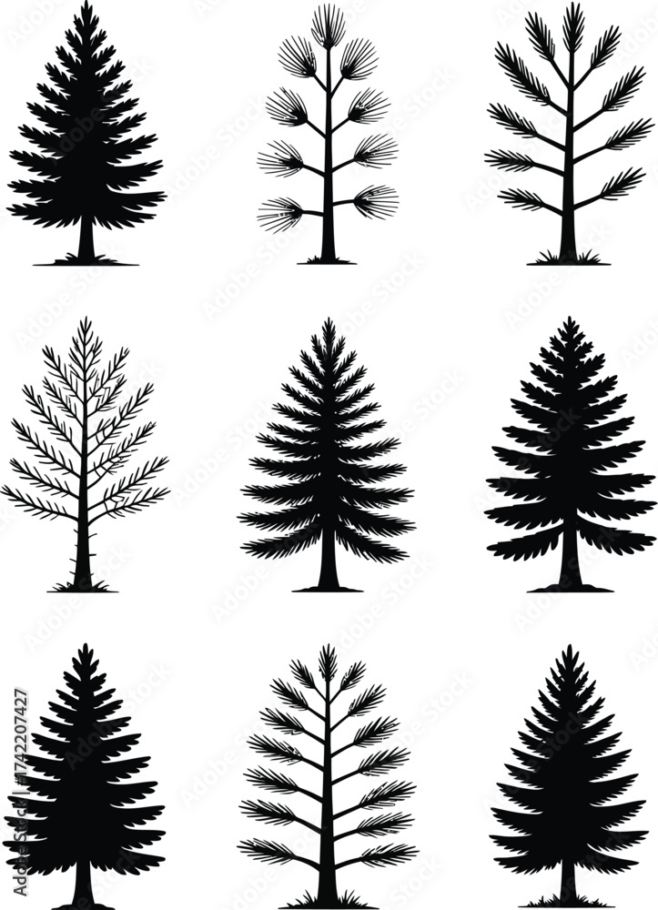 Fototapeta premium Various pine tree silhouettes in black and white seamless pattern