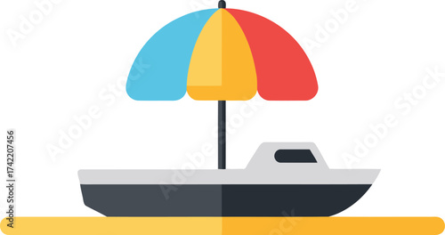 Colorful beach umbrella on small boat flat design icon for summer vacation and travel isolated on transparent background