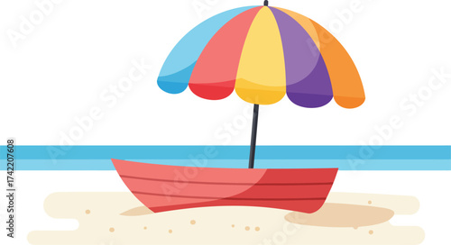 Colorful beach umbrella shades red boat on sandy shore with ocean horizon flat design isolated on transparent background