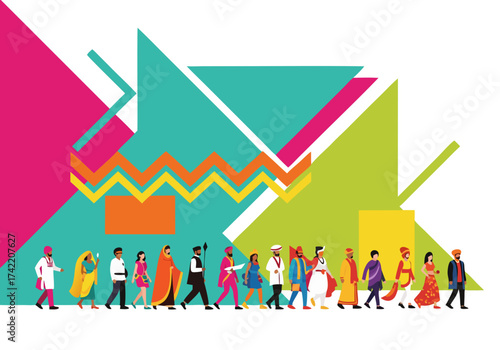 Vector Illustration of Parade of Diverse People Walking under Colorful Abstract Background — Modern Celebration Concept with Vibrant Shapes