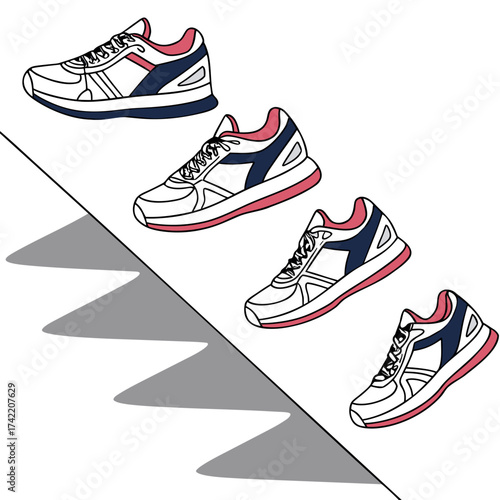 Illustration of four running shoes, arranged diagonally with shadows, showcasing athletic footwear design and style for sports and fitness enthusiasts