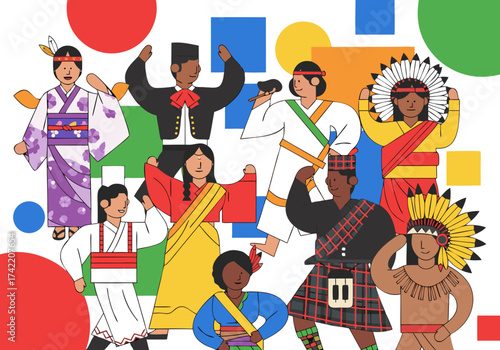Vector Illustration of Dancers in Traditional Costumes from Around the World — Global Folk Dance Festival and Cultural Diversity Celebration