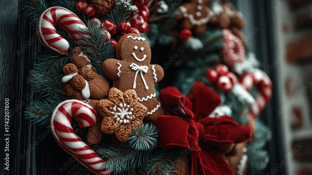 Naklejka premium Christmas Wreath Cookies, Candy Cane, Holiday Decoration