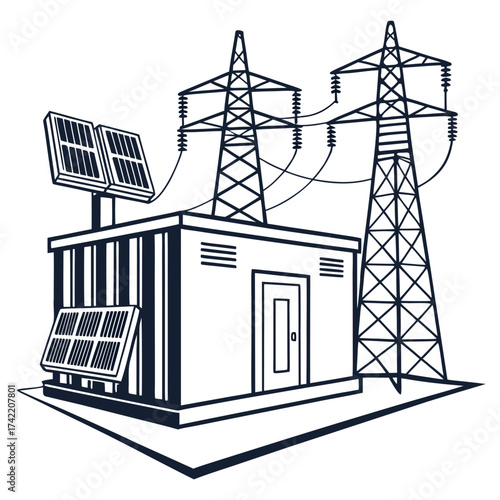 Illustration of a solar power plant with power lines and a transformer station, highlighting renewable energy infrastructure and sustainable electricity distribution