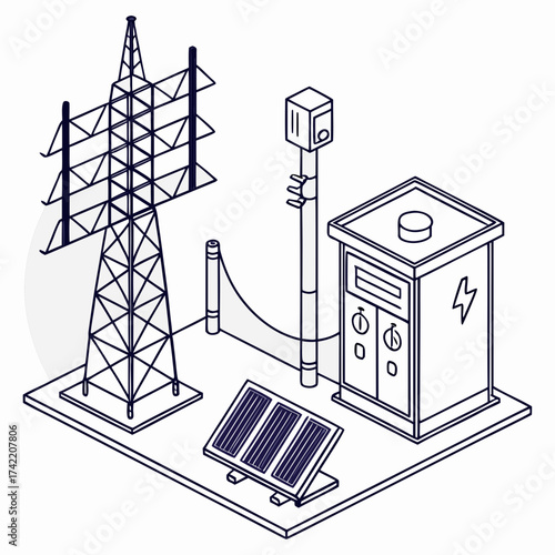 Illustration of a solar power plant with power lines and a transformer station, emphasizing green energy production and sustainable electricity transmission