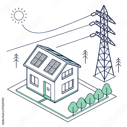 Vector art of isometric illustration of a house with solar panels, connected to the power grid, surrounded by trees, representing sustainable energy and residential power generation