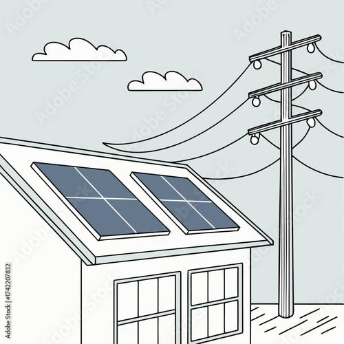 Illustration of a house with solar panels on the roof connected to the power grid, showcasing sustainable energy and residential power generation in a simple, clean design