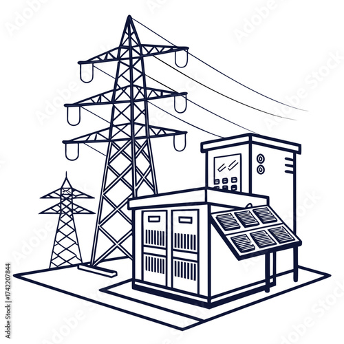 Illustration of a solar power setup linked to a transformer and a power transmission tower, representing the integration of renewable energy with the conventional electrical grid