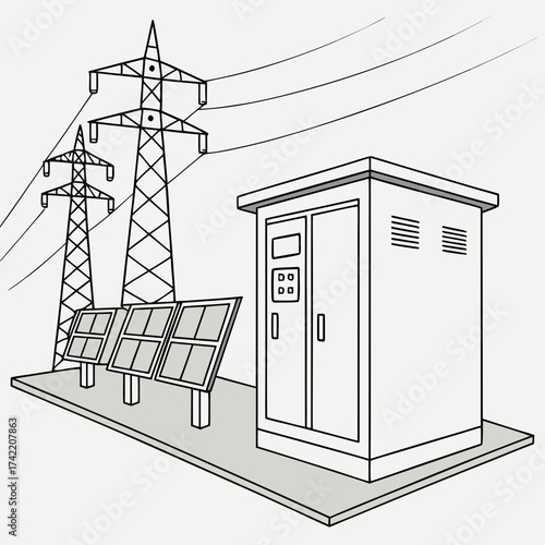 Vector art of illustration showing a solar power system connected to a transformer and power transmission towers, symbolizing the integration of renewable energy into the existing electrical grid