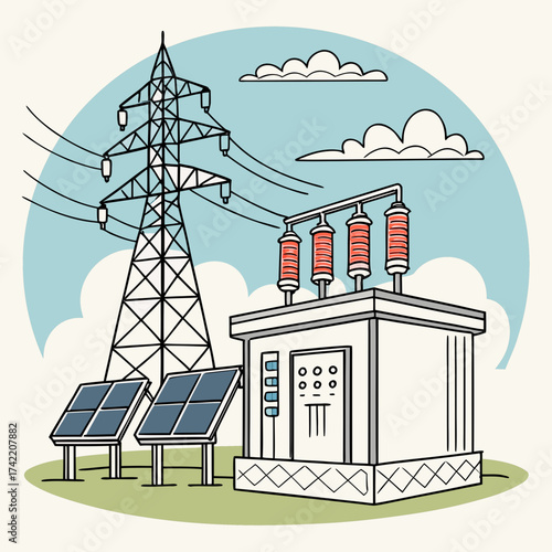 Illustration of a power station with solar panels, transformer, and electricity pylon, showcasing sustainable energy generation and distribution