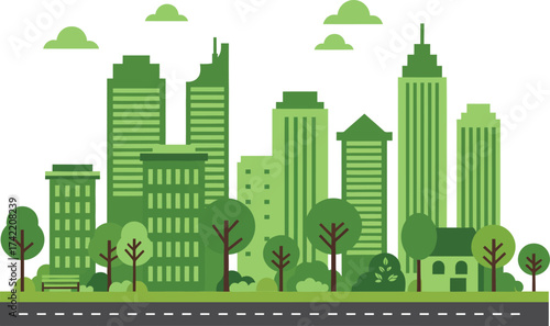 Flat design green cityscape with buildings trees and clouds simple urban environment graphic isolated on transparent background