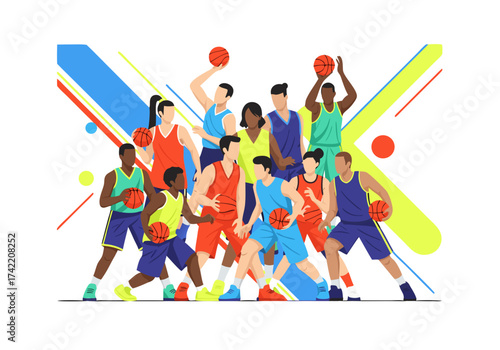 Vector Illustration of Basketball Players in Action — Modern Sports Design Showing Jump Shot Dunk and Dynamic Energy in Colorful Style
