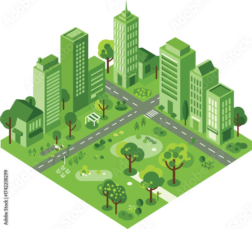 Green cityscape isometric view illustrating sustainable urban development and eco-friendly living concepts isolated on transparent background