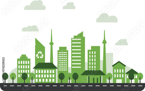 Flat green cityscape skyline buildings trees road sky clouds isolated isolated on transparent background