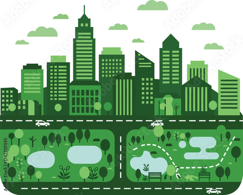 Green cityscape with eco-friendly infrastructure and urban park design isolated on transparent background