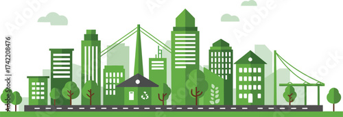 Green city skyline eco-friendly urban landscape buildings nature harmony and sustainability concept isolated on transparent background