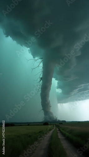 A large storm cloud is seen over a dirt road.