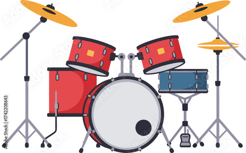 Vibrant drum kit with cymbals and stands minimalist music instrument design flat style isolated on transparent background