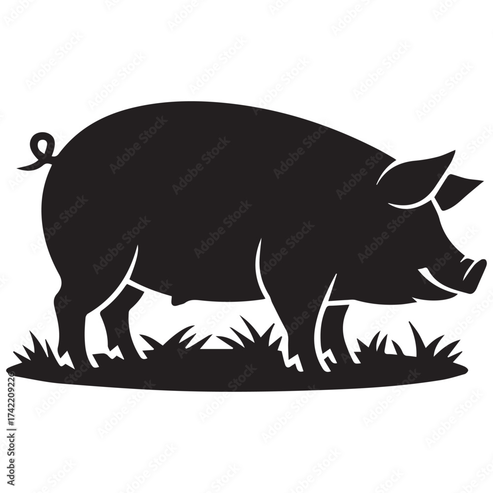 Fototapeta premium Black silhouette of a pig standing in grass