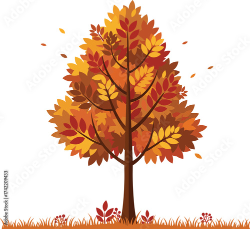 Vibrant autumn tree with falling leaves and grassy ground cover depicting seasonal change isolated on transparent background