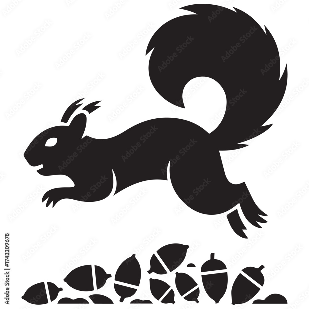 Fototapeta premium Jumping squirrel with acorns silhouette