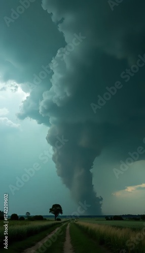 A large storm cloud is seen over a grassy field.