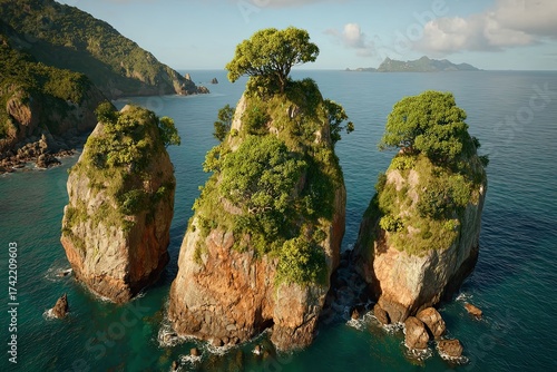 Rocky isles rise from azure water; lush trees atop them