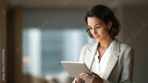 female therapist using AI powered mental health dashboard to review client’s mood patterns on glowing tablet soft hum of office calm digital care three quarter wide angle