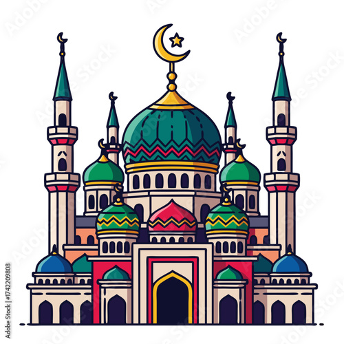 Vector illustration of Islamic mosque with domes and minarets representing Eid celebration and spiritual peace