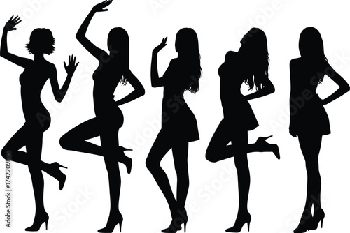 Elegant silhouettes of women striking dynamic poses, showcasing fashion and femininity with graceful movement.