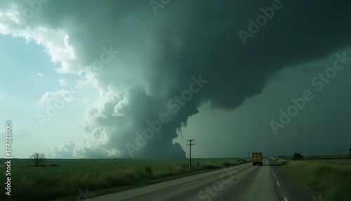 A large storm cloud is seen over a rural road.