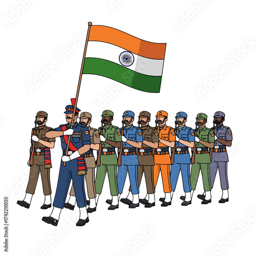 Vector illustration of Indian soldiers marching with national flag, symbolizing pride, unity, and the spirit of national defense