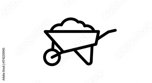 Simple outline icon of a wheelbarrow filled with dirt for construction or gardening.