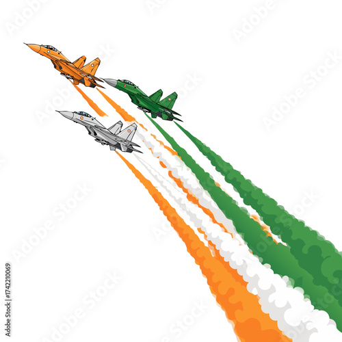 Vector illustration of fighter jets releasing tricolor smoke during airshow, celebrating Indian Air Force and Republic Day patriotism