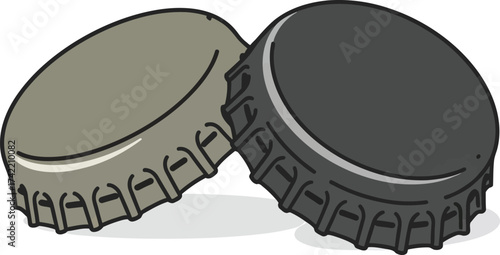 Two textured beer bottle caps one gray one black isolated on white realistic rendering isolated on transparent background