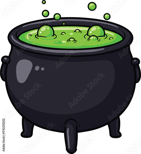 Black witch cauldron with bubbling green potion, Halloween magic pot illustration, spooky fantasy design for witchcraft, potion making, and cartoon art