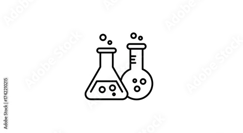 Science laboratory flasks with bubbling liquid icon illustration.