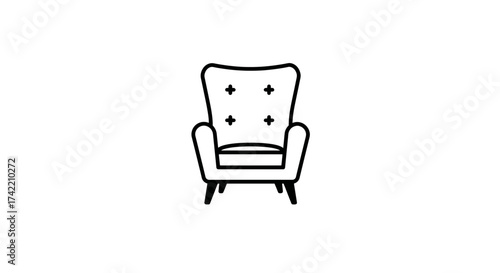 Minimalist line art icon of a classic armchair with tufted backrest design.