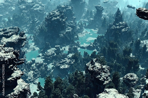 Hazy, rocky landscape with strange rock formations and small pools
