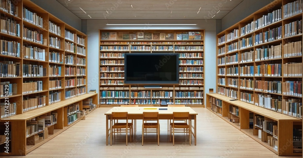 Obraz premium Large frameless television off library corridor with study desks and chairs