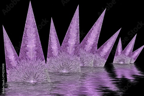 Abstract purple crystal points reflected on dark water