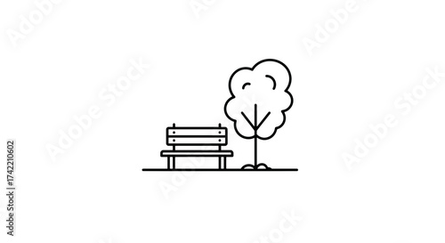 Minimalist line art illustration of a park bench and a tree.