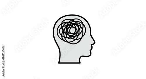 Human head silhouette with tangled lines representing confusion and mental stress.